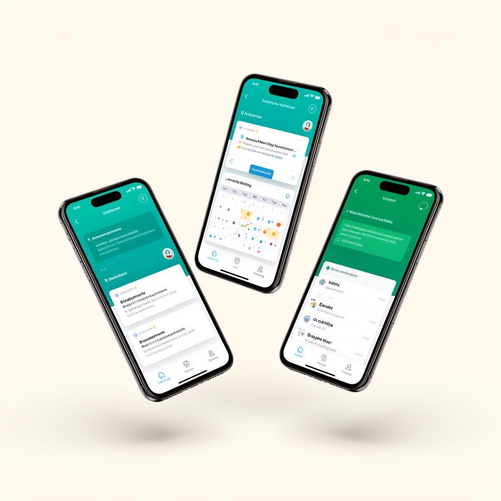 Samuday mobile app screens — dashboard, amenity booking and visitor log